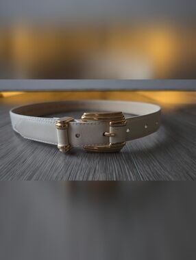Worthington White Genuine Leather Belt Gold Ornate Buckle Vintage 80s 90s